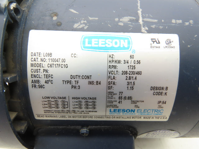 Leeson C6T17FC1G AC Motor 3/4Hp 1725RPM 208-230/460 3Ph 56C TEFC