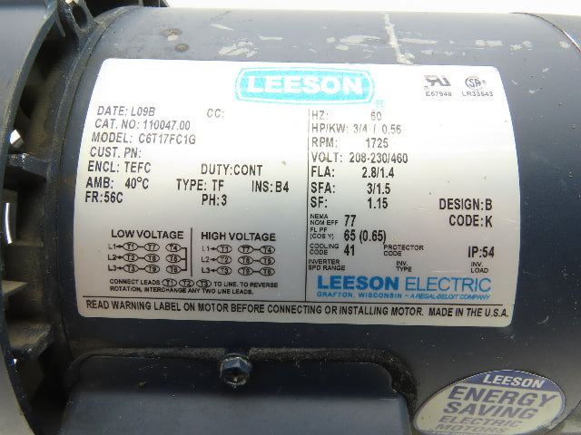 Leeson C6T17FC1G AC Motor 3/4Hp 1725RPM 208-230/460 3Ph 56C TEFC