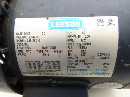 Leeson C6T17FC1G AC Motor 3/4Hp 1725RPM 208-230/460 3Ph 56C TEFC