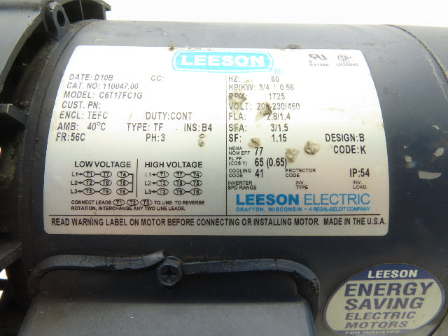 Leeson C6T17FC1G AC Motor 3/4Hp 1725RPM 208-230/460 3Ph 56C TEFC