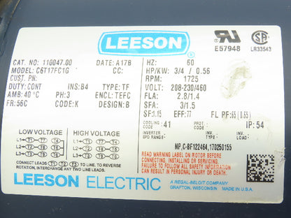 Leeson C6T17FC1G AC Motor 3/4Hp 1725RPM 208-230/460 3Ph 56C TEFC