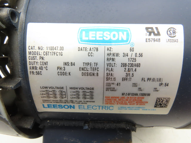 Leeson C6T17FC1G AC Motor 3/4Hp 1725RPM 208-230/460 3Ph 56C TEFC