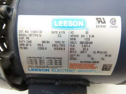 Leeson C6T17FC1G AC Motor 3/4Hp 1725RPM 208-230/460 3Ph 56C TEFC