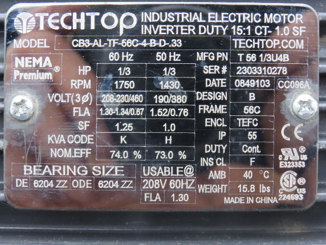 TechTop CB3-AL-TF-56C-4-B-D-.33 AC Motor 1/3Hp 1750RPM 208-230/460V 3PH 56C