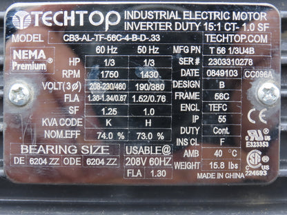 TechTop CB3-AL-TF-56C-4-B-D-.33 AC Motor 1/3Hp 1750RPM 208-230/460V 3PH 56C