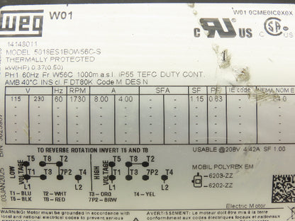 Weg 5018ES1BOW56C-S AC Motor 1/2Hp 1730 RPM 115/230V 1PH W56C Single Phase