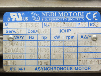Neri Motori T63B2 AC Motor 0.42Hp 0.3kW 3360RPM 260/440V 3Ph IEC 63 Frame