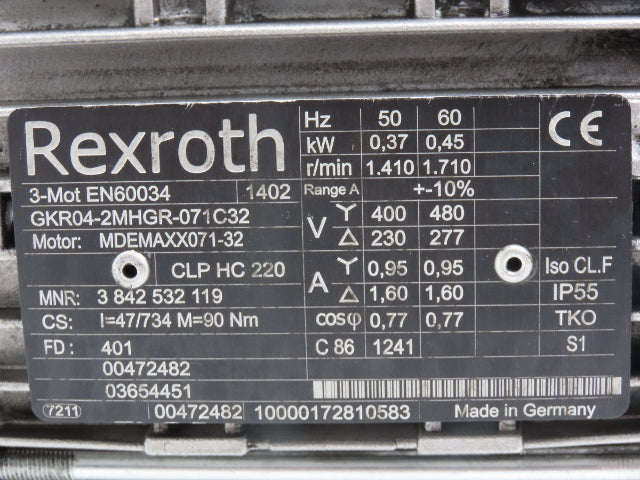 Rexroth Gearmotor Speed Reducer 47:1 Ratio .45kW 480V 36RPM Hex Shaft Hollow