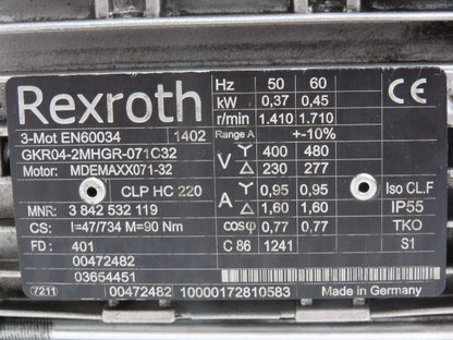 Rexroth Gearmotor Speed Reducer 47:1 Ratio .45kW 480V 36RPM Hex Shaft Hollow