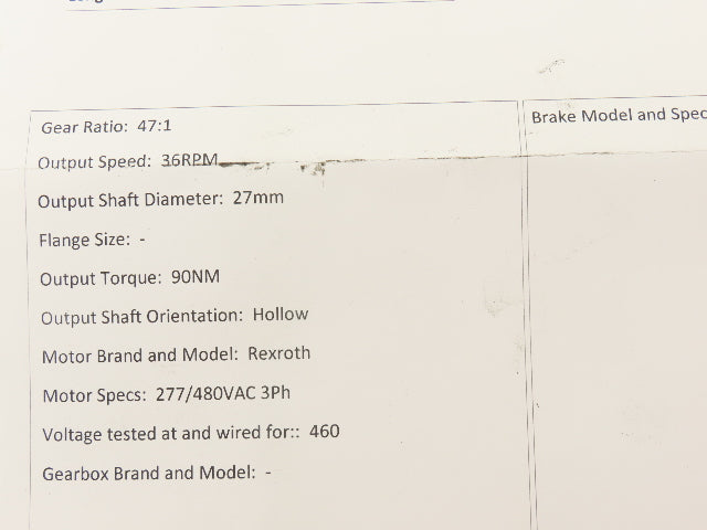 Rexroth Gearmotor Speed Reducer 47:1 Ratio .45kW 480V 36RPM Hex Shaft Hollow