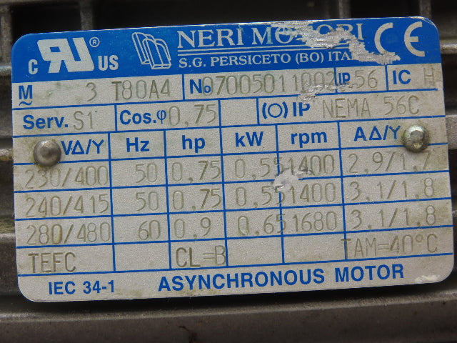 Neri Motori T80A4 AC Motor 0.6kW 0.44kW 1680RPM 280/480V 3Ph 56C TEFC