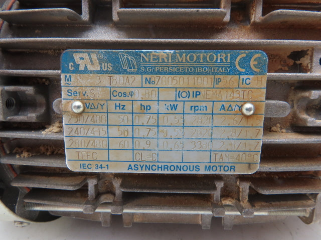 Neri Motori T80A2 AC Motor 0.9Hp 0.65kW 3380RPM 280/480V 3Ph 143TC TEFC