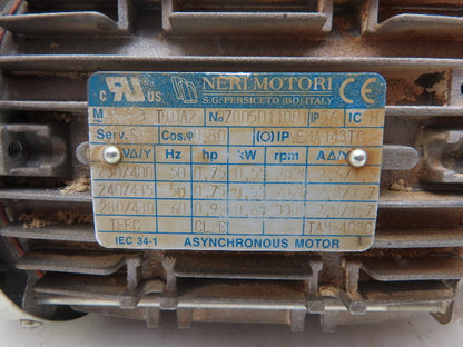 Neri Motori T80A2 AC Motor 0.9Hp 0.65kW 3380RPM 280/480V 3Ph 143TC TEFC
