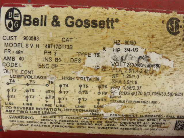 Bell & Gossett SVH 48T17D173B Pump Motor 3/4Hp 1725 RPM 230/460V 3PH 48Y Frame