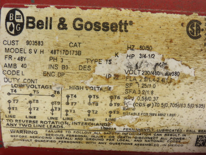 Bell & Gossett SVH 48T17D173B Pump Motor 3/4Hp 1725 RPM 230/460V 3PH 48Y Frame
