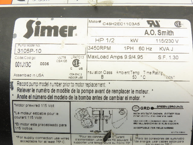 Simer 3105P-10 Shallow Well Plastic Jet Pump .5Hp 115/230V 1PH 7.4GPM 1.25x1"NPT