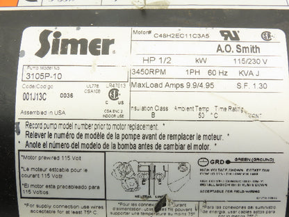 Simer 3105P-10 Shallow Well Plastic Jet Pump .5Hp 115/230V 1PH 7.4GPM 1.25x1"NPT