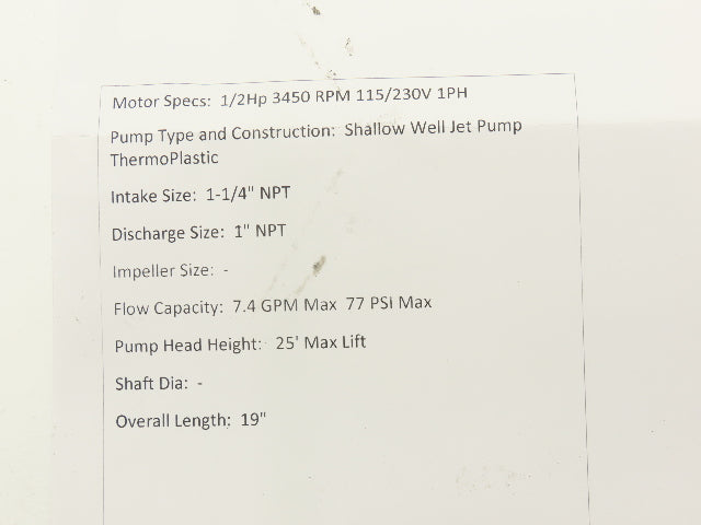 Simer 3105P-10 Shallow Well Plastic Jet Pump .5Hp 115/230V 1PH 7.4GPM 1.25x1"NPT