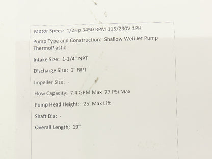 Simer 3105P-10 Shallow Well Plastic Jet Pump .5Hp 115/230V 1PH 7.4GPM 1.25x1"NPT