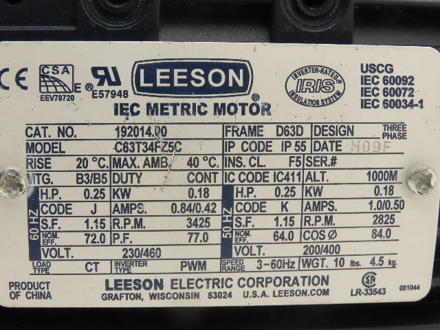 Leeson 192014.00 C63T34FZ5C IEC Metric Motor .25Hp 3425rpm 230/460V 3PH D63D