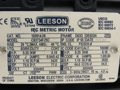 Leeson 192014.00 C63T34FZ5C IEC Metric Motor .25Hp 3425rpm 230/460V 3PH D63D