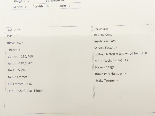 Leeson 192014.00 C63T34FZ5C IEC Metric Motor .25Hp 3425rpm 230/460V 3PH D63D