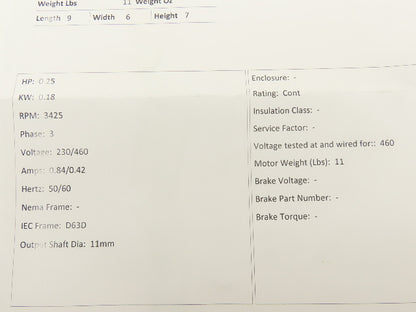 Leeson 192014.00 C63T34FZ5C IEC Metric Motor .25Hp 3425rpm 230/460V 3PH D63D