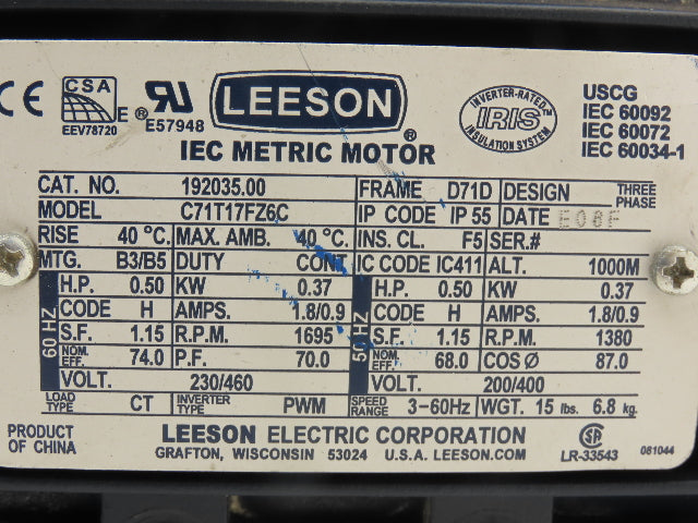 Leeson 192035.00 C71T17FZ6C IEC Metric Motor 1/2Hp 1695rpm 230/460V 3PH D71D