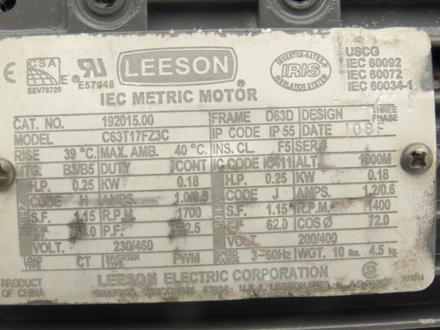 Leeson 192015.00 C63T17FZ3C IEC Metric Motor 1/4Hp 1700rpm 230/460V 3PH D63D