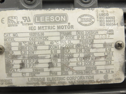 Leeson 192015.00 C63T17FZ3C IEC Metric Motor 1/4Hp 1700rpm 230/460V 3PH D63D