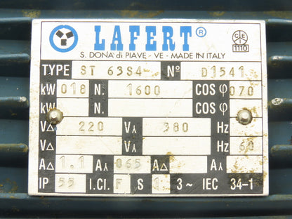 Lafert ST 63S4 Metric AC Motor 0.18kW 1600rpm 220/380V 3PH IEC 63 Frame