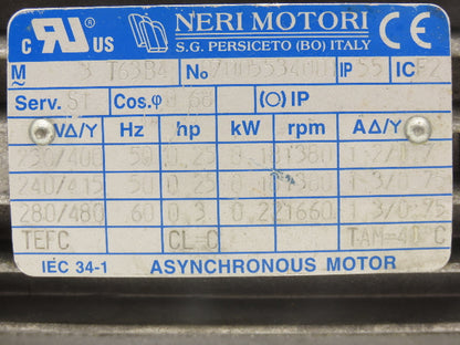 Neri Motori 3 T63B4 AC Motor 0.22kW 1660rpm 230/480V 3PH IEC 63 Frame