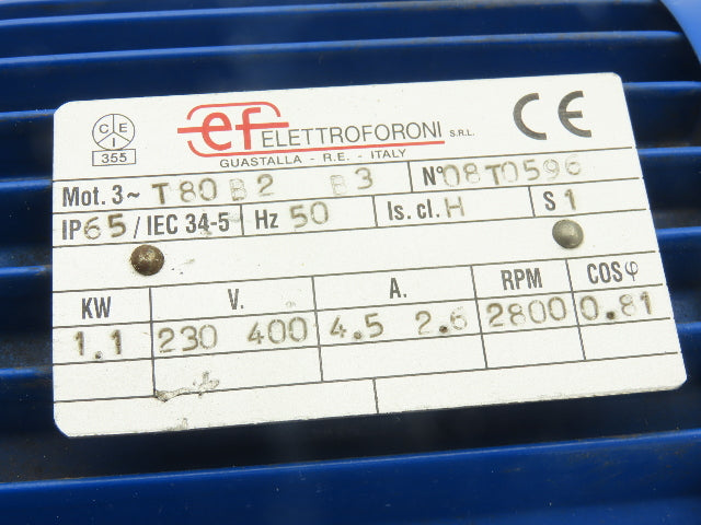 Efelttroforoni T80B2 B3 AC Motor 1.1kW 2800rpm 230/400V 3PH IEC 80 Frame