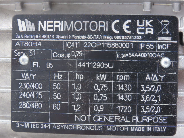 Neri Motori AT80B4 AC Motor 1.2Hp 1720rpm 480V 3PH IEC 80 Frame