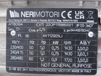 Neri Motori AT80B4 AC Motor 1.2Hp 1720rpm 480V 3PH IEC 80 Frame