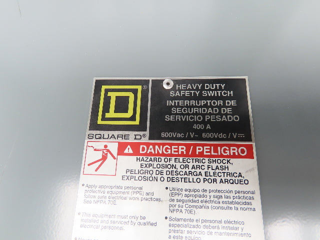 Square D H365N Safety Disconnect Switch 400A 600V 3 Pole Fused Type E04