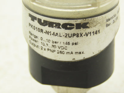 Turck PK010R-N14AL-2UP8X-V1141 Pressure Sensor 0-10Bar 145PSI 10.3-30VDC 2X PNP