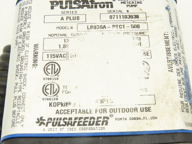 Pulsafeeder Pulsatron Electronic Dosing Metering Pump 12GPD 10 Bar 115VAC