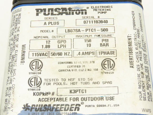 Pulsafeeder Pulsatron Electronic Dosing Metering Pump 12GPD 10 Bar 115VAC