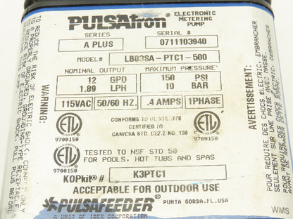 Pulsafeeder Pulsatron Electronic Dosing Metering Pump 12GPD 10 Bar 115VAC