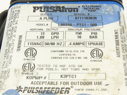 Pulsafeeder Pulsatron Electronic Dosing Metering Pump 12GPD 10 Bar 115VAC