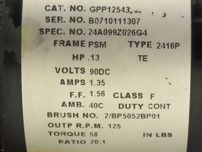 Baldor GPP12543 DC Gearmotor 20:1 Ratio 0.13Hp 125rpm 90VDC Inline 24A099Z026G4
