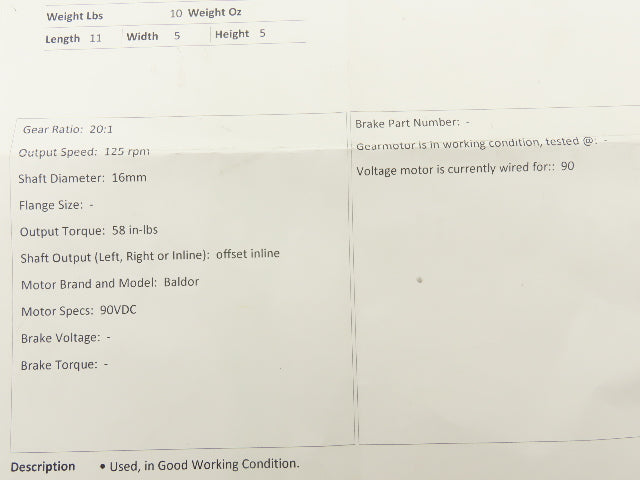 Baldor GPP12543 DC Gearmotor 20:1 Ratio 0.13Hp 125rpm 90VDC Inline 24A099Z026G4
