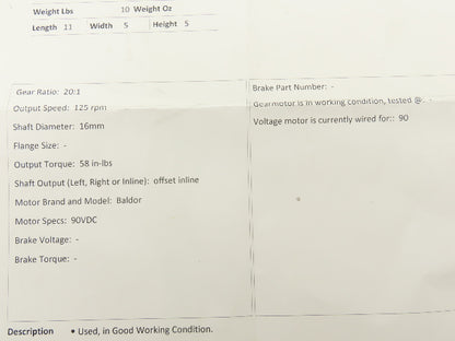 Baldor GPP12543 DC Gearmotor 20:1 Ratio 0.13Hp 125rpm 90VDC Inline 24A099Z026G4