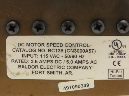 Baldor BC138 CN3000A57 DC Motor Speed Control 115vAC 60Hz In 3.5A DC Out