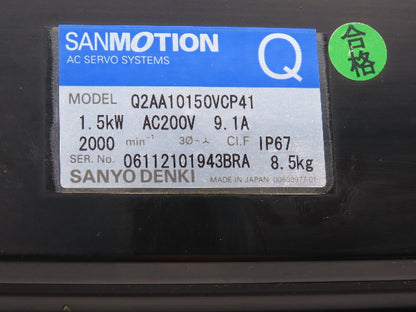 Sanyo Denki Q2AA10150VCP41 AC Servo Motor 1.5kw 200VAC 22mm Smooth Unkeyed Shaft