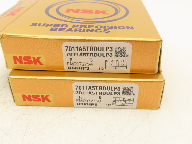 NSK 7011A5TRDULP3 Ball Bearings Set of 2 55mm ID x 90mm OD x 18mm Lot of 2