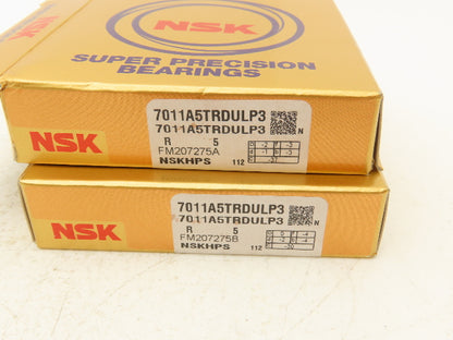 NSK 7011A5TRDULP3 Ball Bearings Set of 2 55mm ID x 90mm OD x 18mm Lot of 2