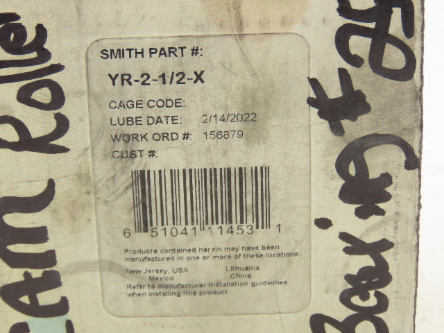 Smith Bearing YR-2-1/2-X Cam Follower Roller Bearing 2.5" OD x .75" ID x 1.5" W