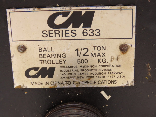 CM 633 Series 1/2 Ton Plain Type Manual Push Trolley 2-1/2"-5-5/8" Flange 1000Lb